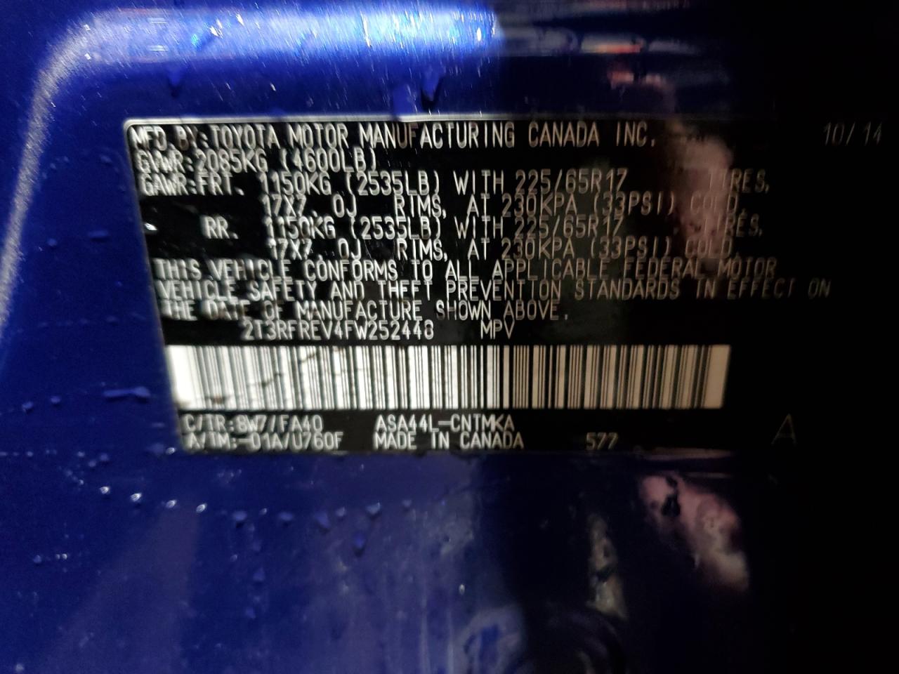 2015 Toyota RAV 4 VIN 2T3RFREV4FW252448 Copart auction photo, front end damage thumbnail 13