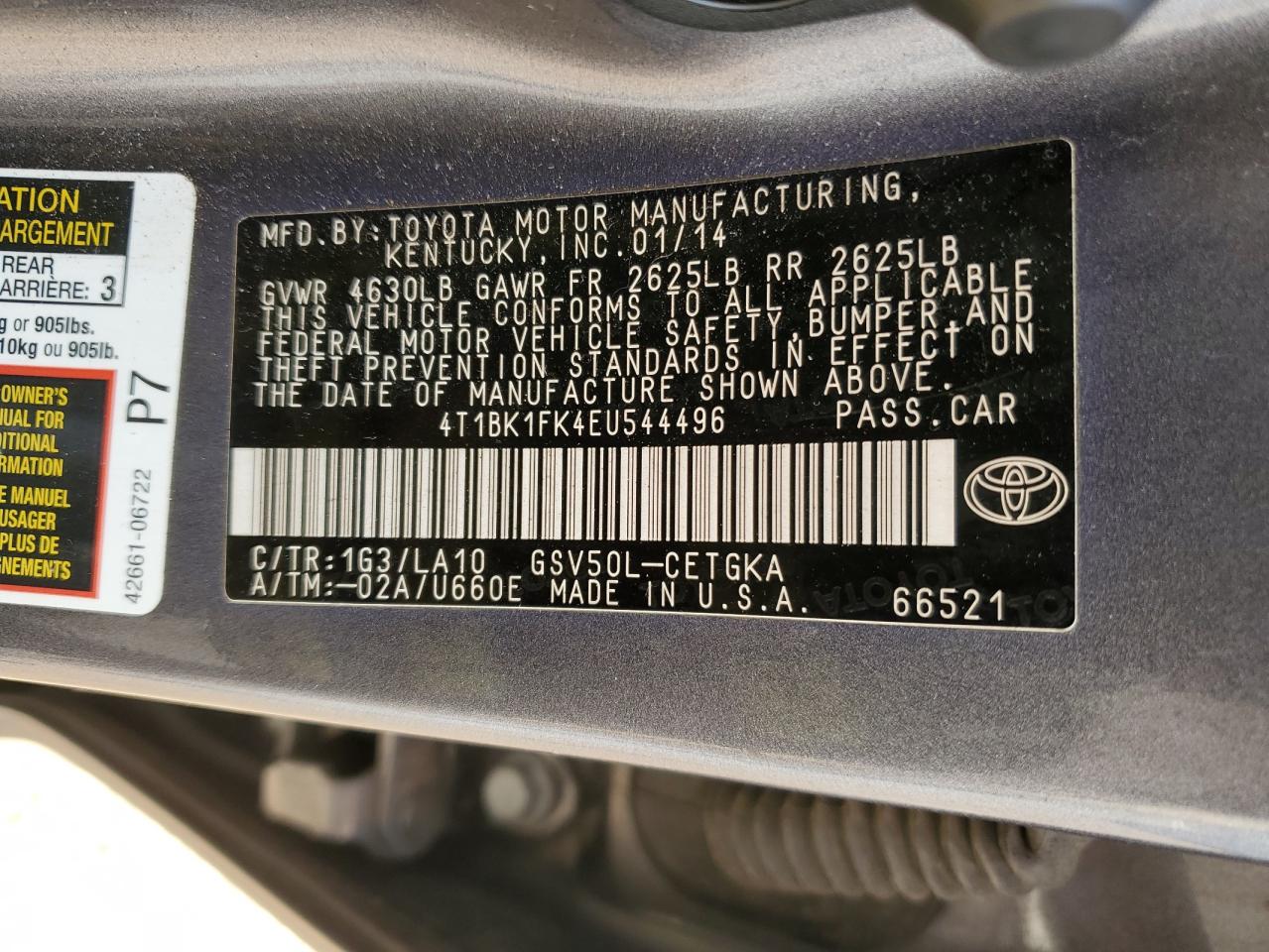 2014 Toyota Camry VIN 4T1BK1FK4EU544496 Copart auction photo, rear end / front end damage thumbnail 12