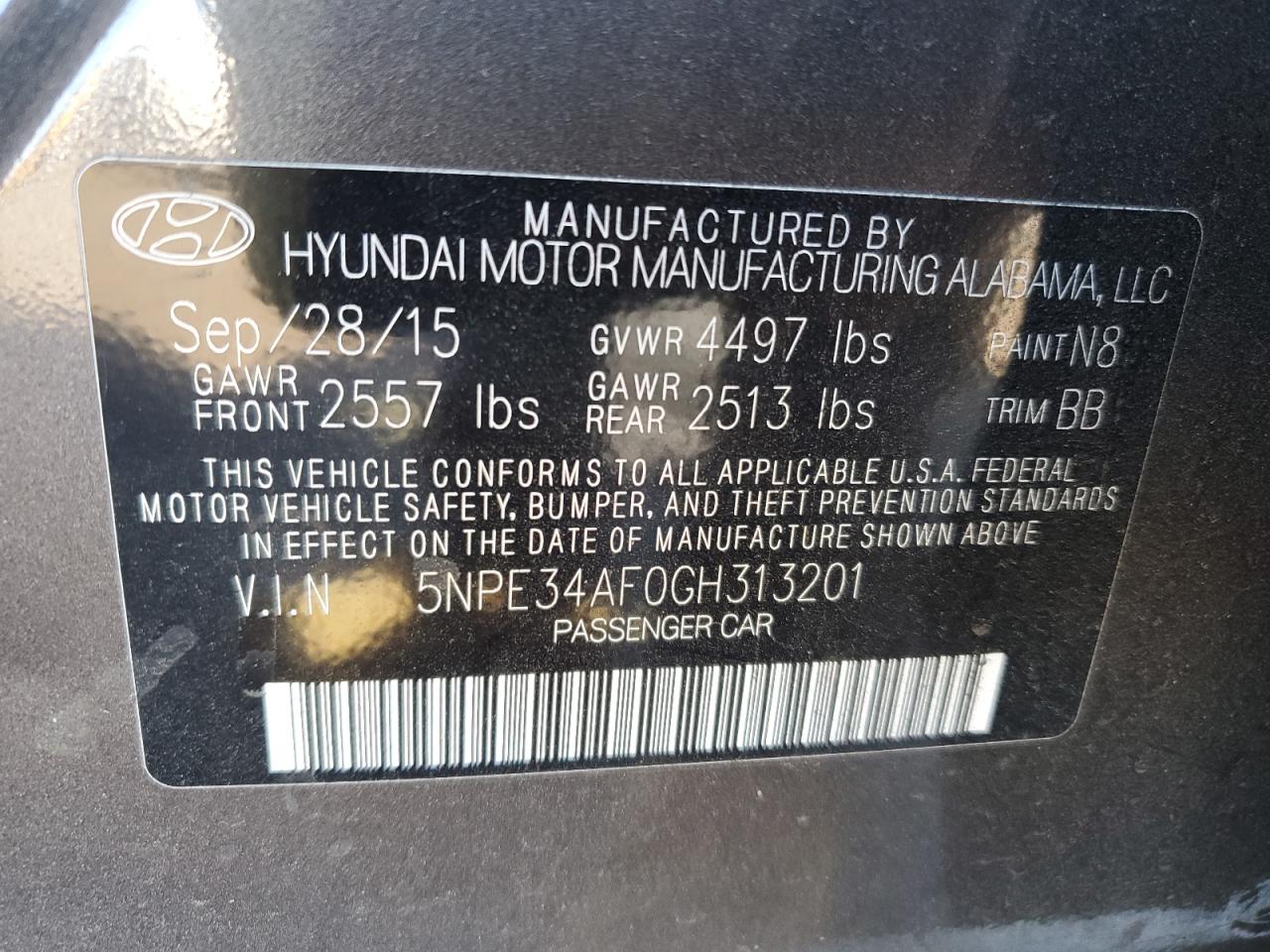 2016 Hyundai Sonata VIN 5NPE34AF0GH313201 Copart auction photo, front end / minor dent/scratches damage thumbnail 14