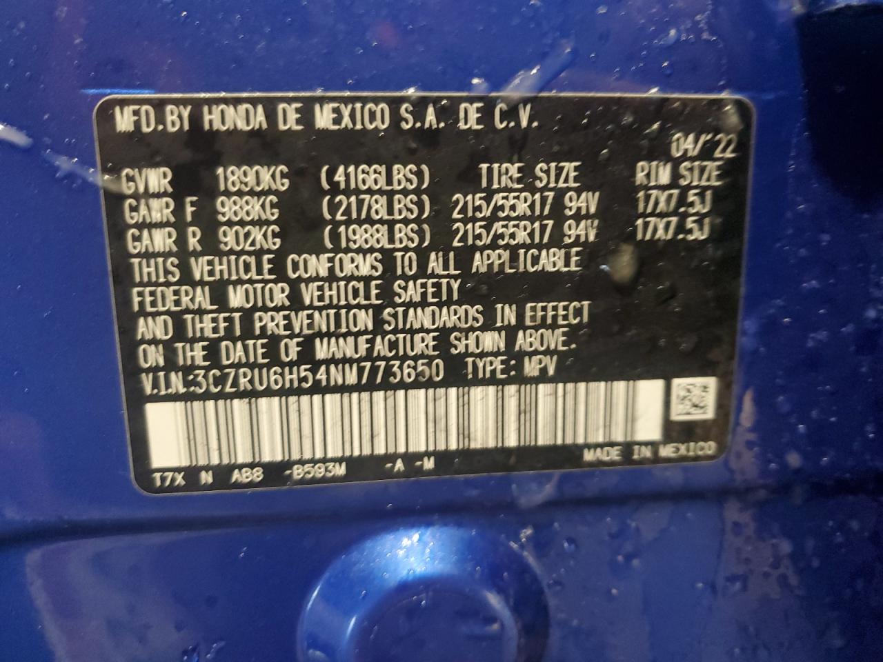 2022 Honda HR-V VIN 3CZRU6H54NM773650 Copart auction photo, all over damage thumbnail 13