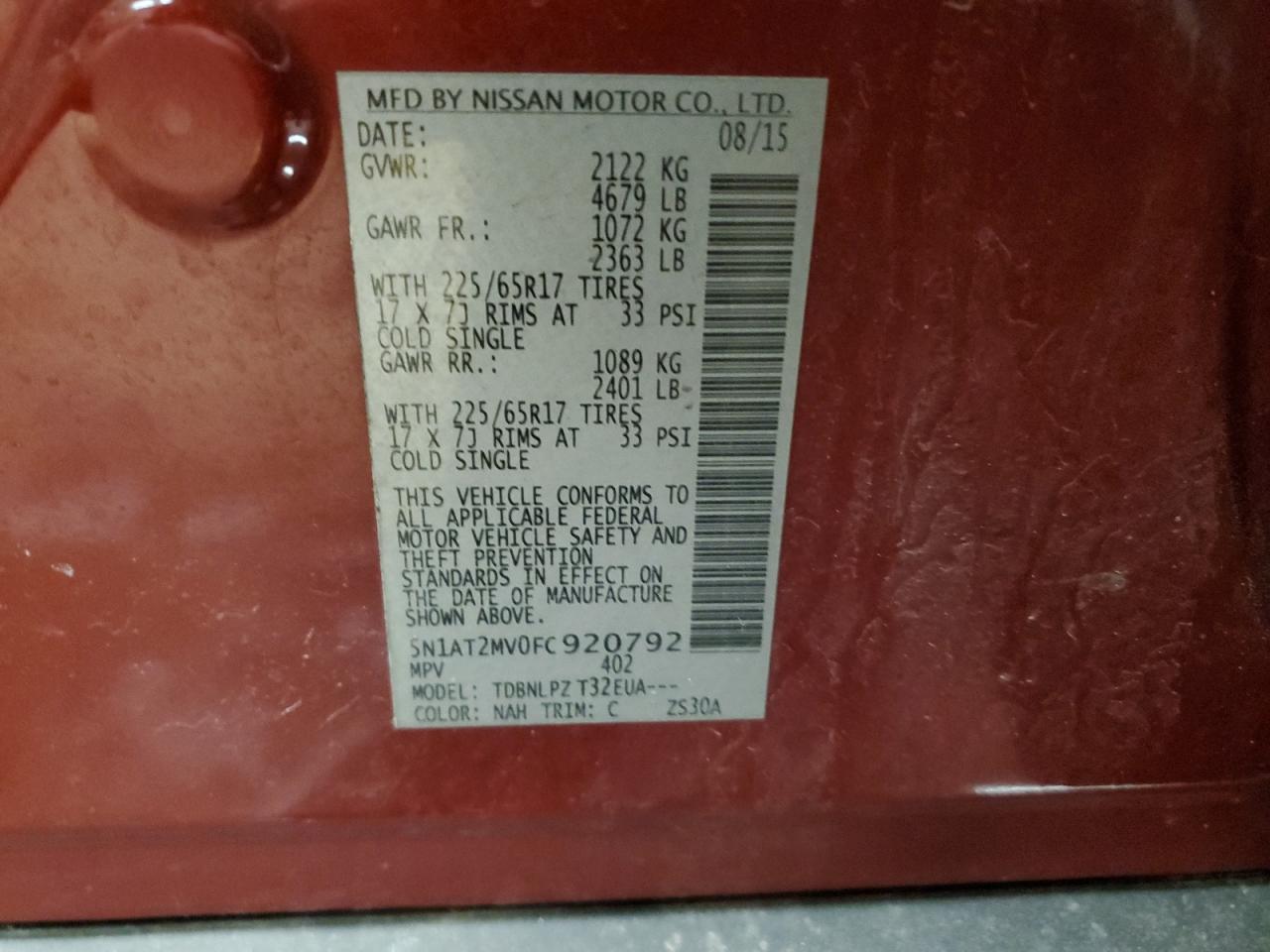 2015 Nissan Rogue VIN 5N1AT2MV0FC920792 Copart auction photo, front end / side damage thumbnail 13