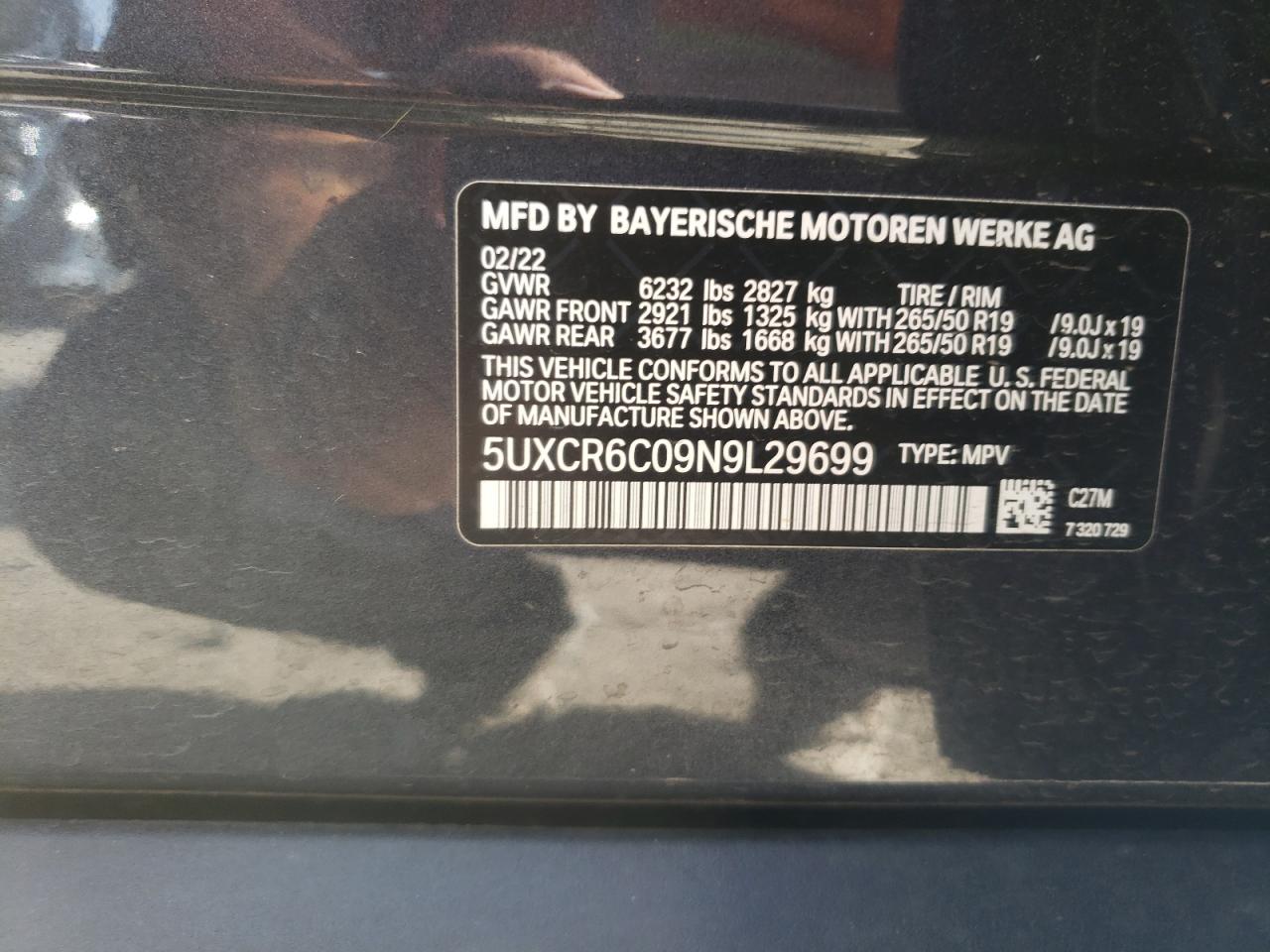 2022 BMW X5 VIN 5UXCR6C09N9L29699 Copart auction photo, front end / side damage thumbnail 13