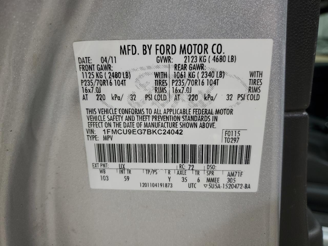2011 Ford Escape VIN 1FMCU9EG7BKC24042 Copart auction photo, mechanical / minor dent/scratches damage thumbnail 13