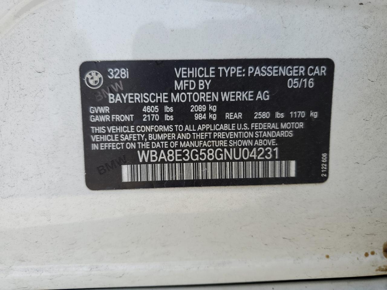 2016 BMW 3er VIN WBA8E3G58GNU04231 Copart auction photo, front end / side damage thumbnail 12