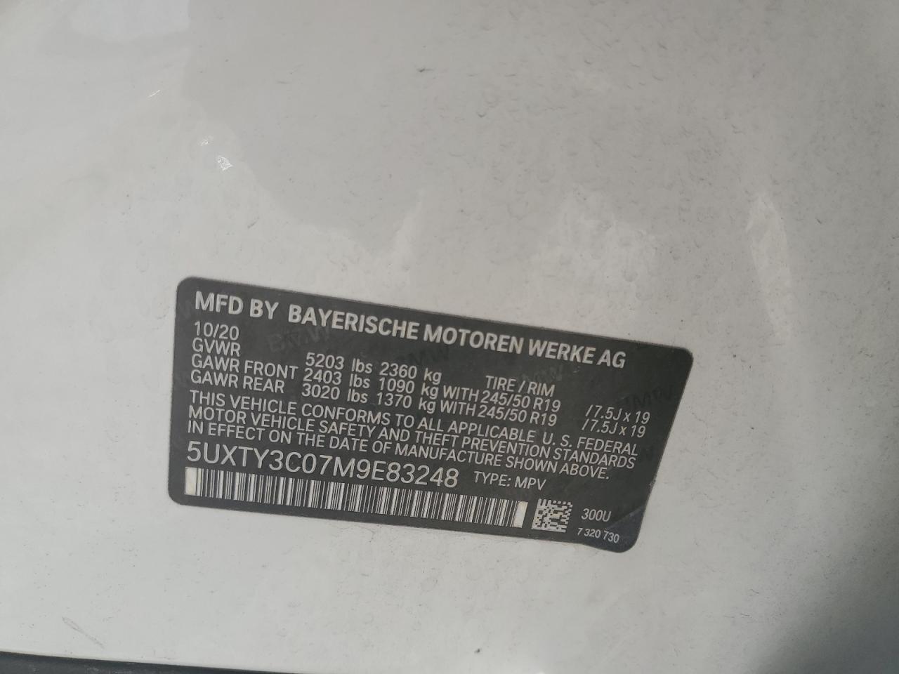 2021 BMW X3 VIN 5UXTY3C07M9E83248 Copart auction photo, minor dent/scratches damage thumbnail 13