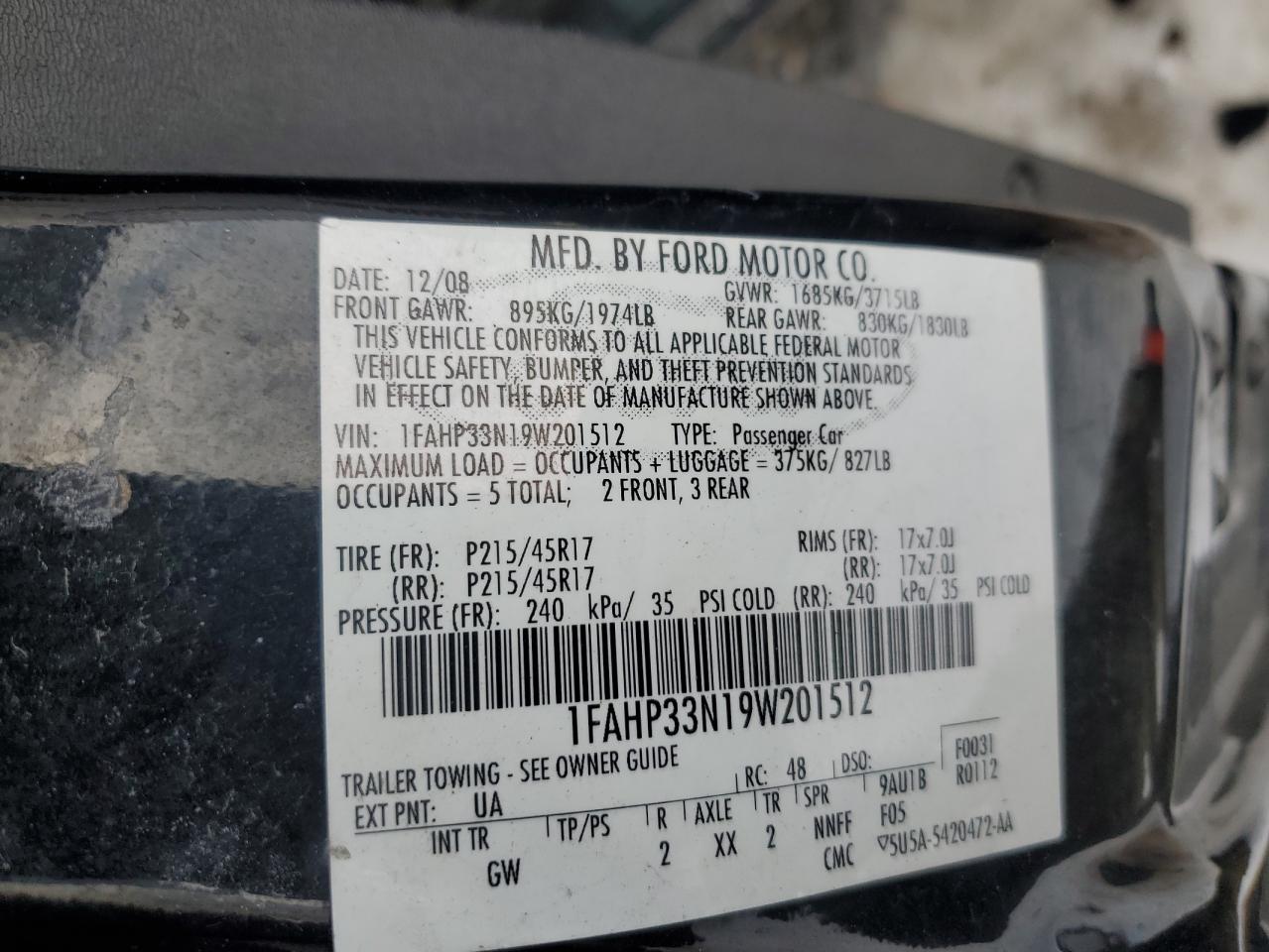 2009 Ford Focus VIN 1FAHP33N19W201512 Copart auction photo, rear end damage thumbnail 12