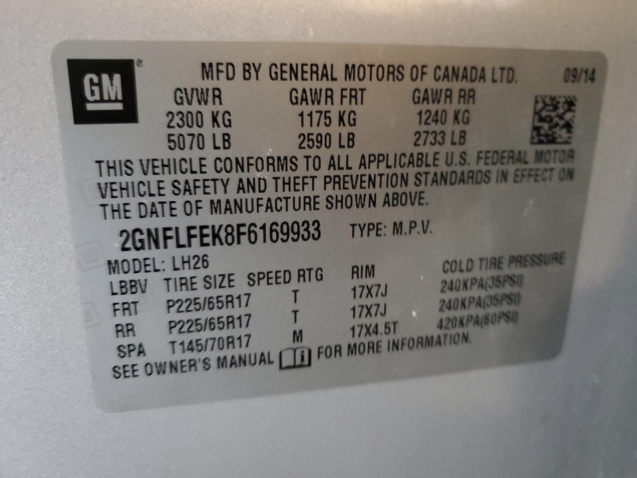 2015 Chevrolet Equinox VIN 2GNFLFEK8F6169933 Copart auction photo, front end / rear end damage thumbnail 15