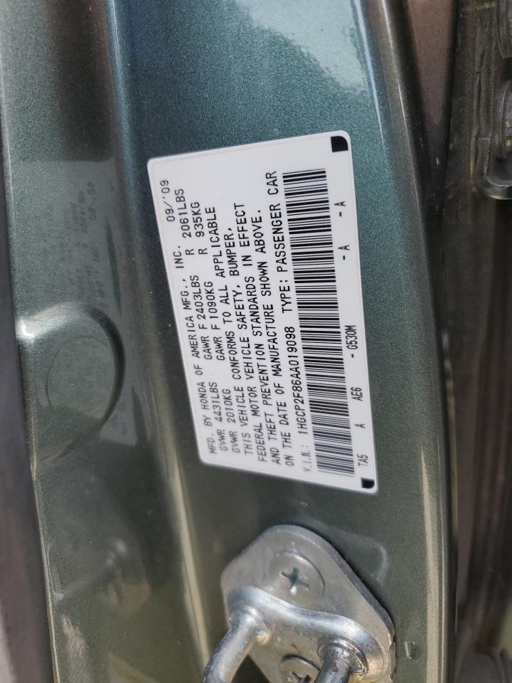 2010 Honda Accord VIN 1HGCP2F86AA019098 Copart auction photo, side damage thumbnail 12