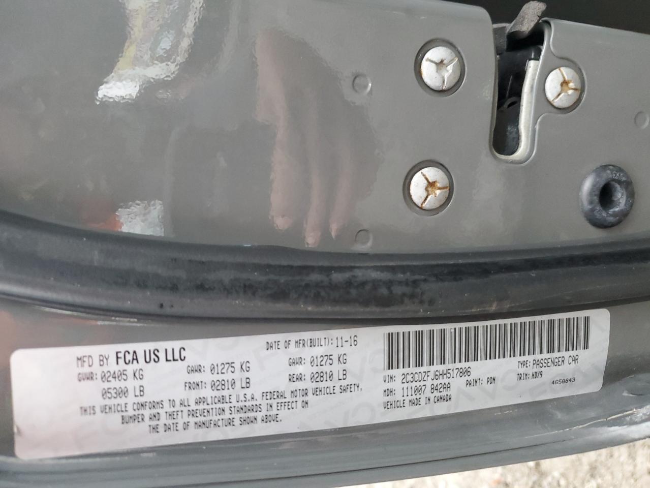 2017 Dodge Challenger VIN 2C3CDZFJ6HH517806 Copart auction photo, front end / side damage thumbnail 12