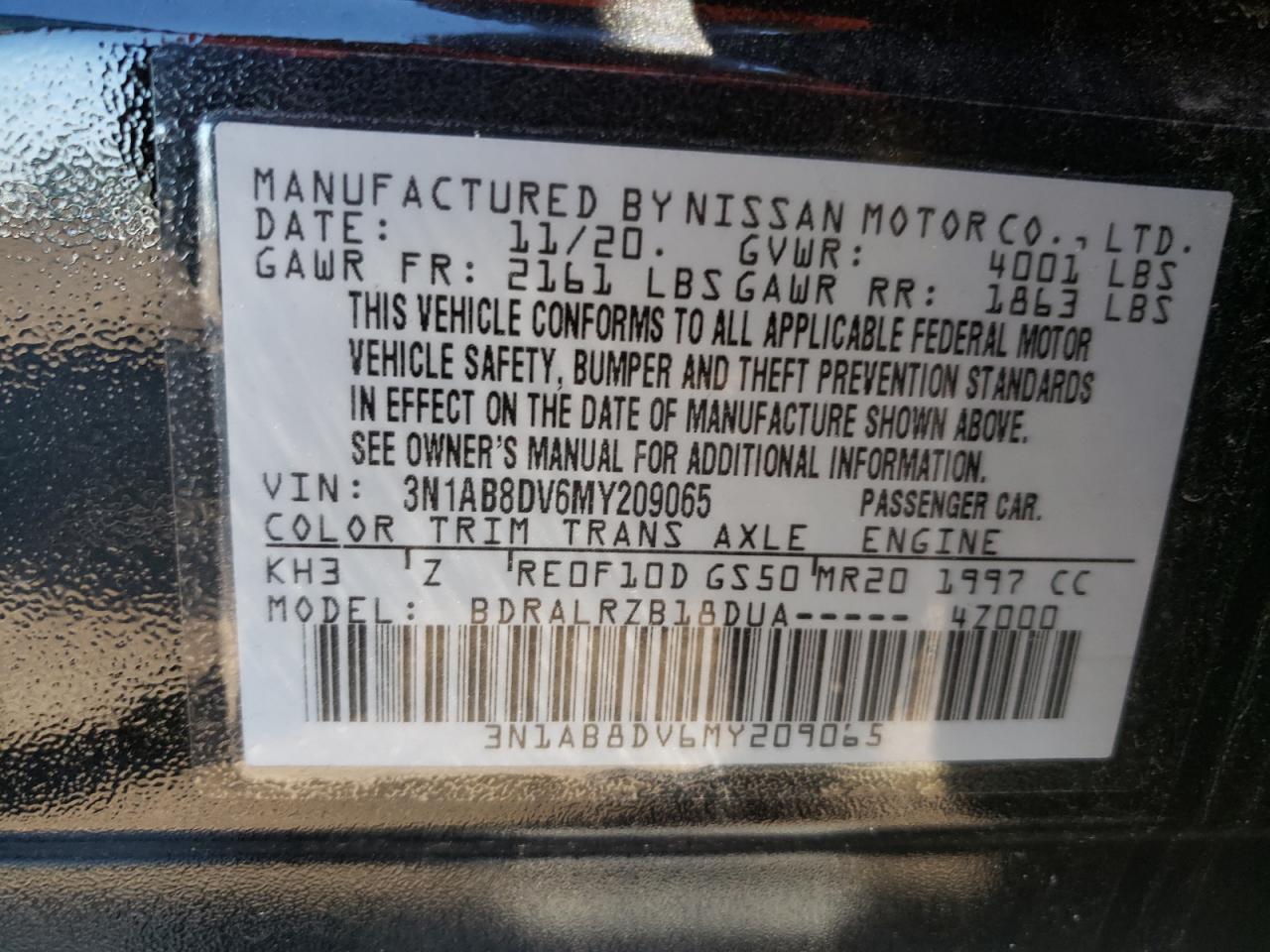 2021 Nissan Sentra VIN 3N1AB8DV6MY209065 Copart auction photo, rear end damage thumbnail 12