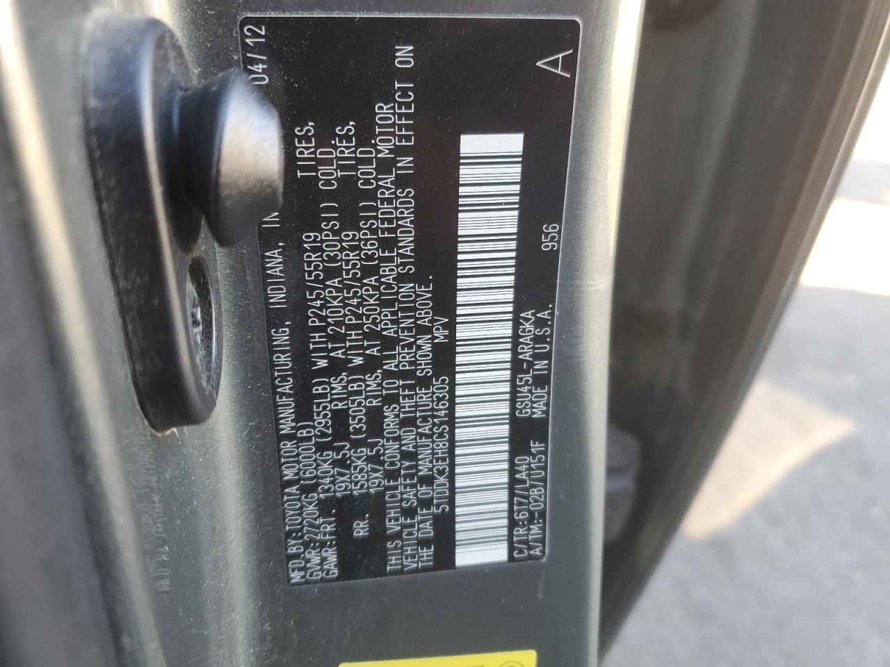 2012 Toyota Highlander VIN 5TDDK3EH8CS146305 Copart auction photo, hail damage thumbnail 15