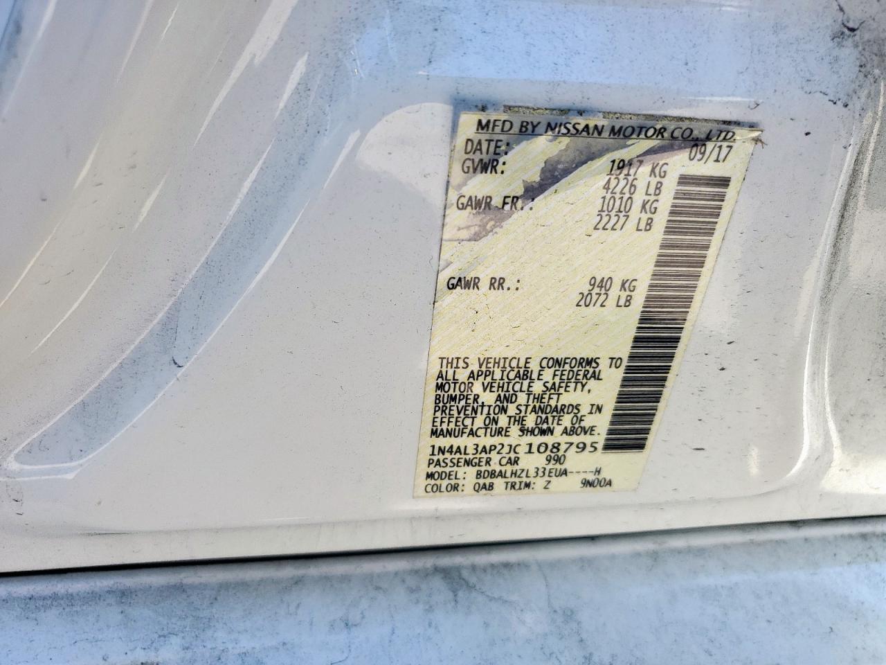 2018 Nissan Altima VIN 1N4AL3AP2JC108795 Copart auction photo, rear end / front end damage thumbnail 14