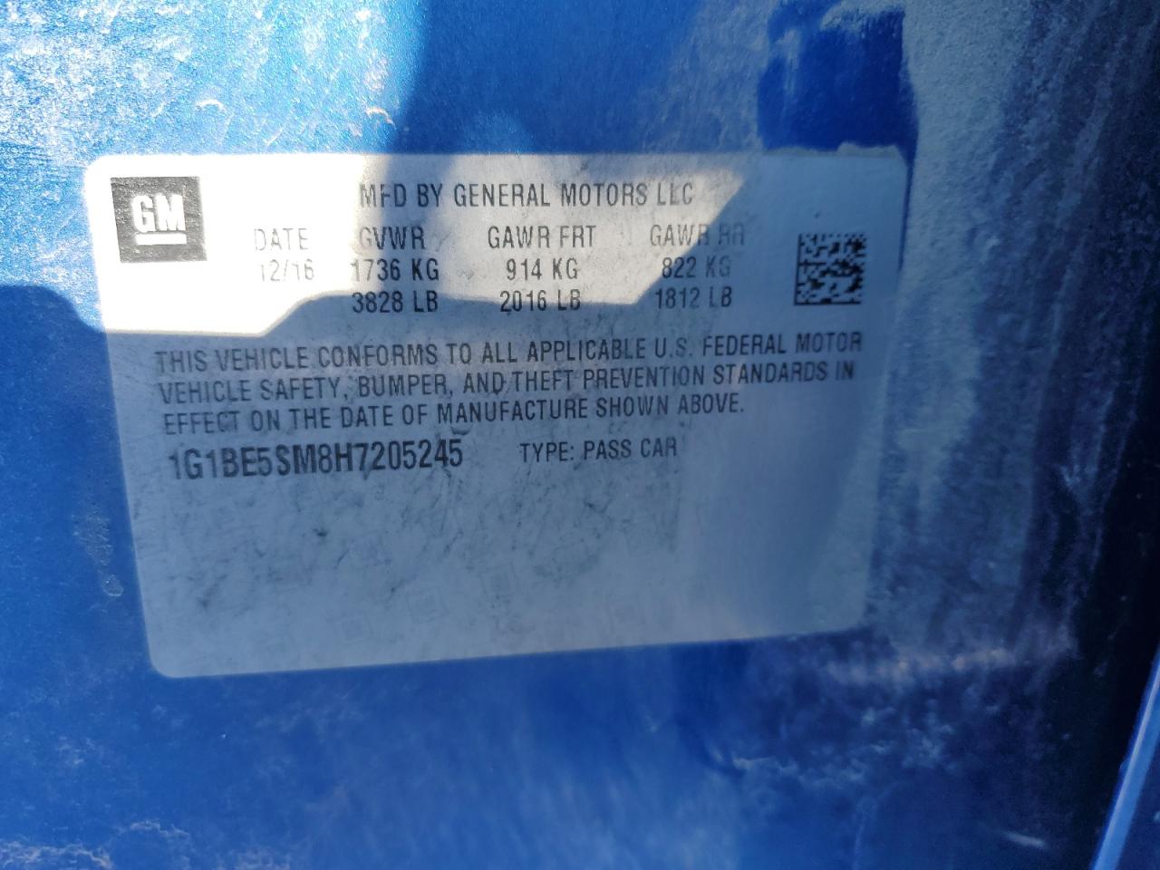 2017 Chevrolet Cruze VIN 1G1BE5SM8H7205245 Copart auction photo, front end / side damage thumbnail 12