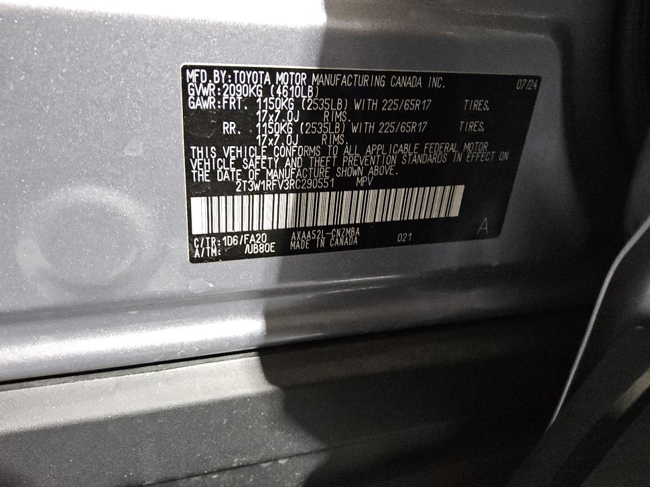 2024 Toyota RAV 4 VIN 2T3W1RFV3RC290551 Copart auction photo, front end / rear end damage thumbnail 14