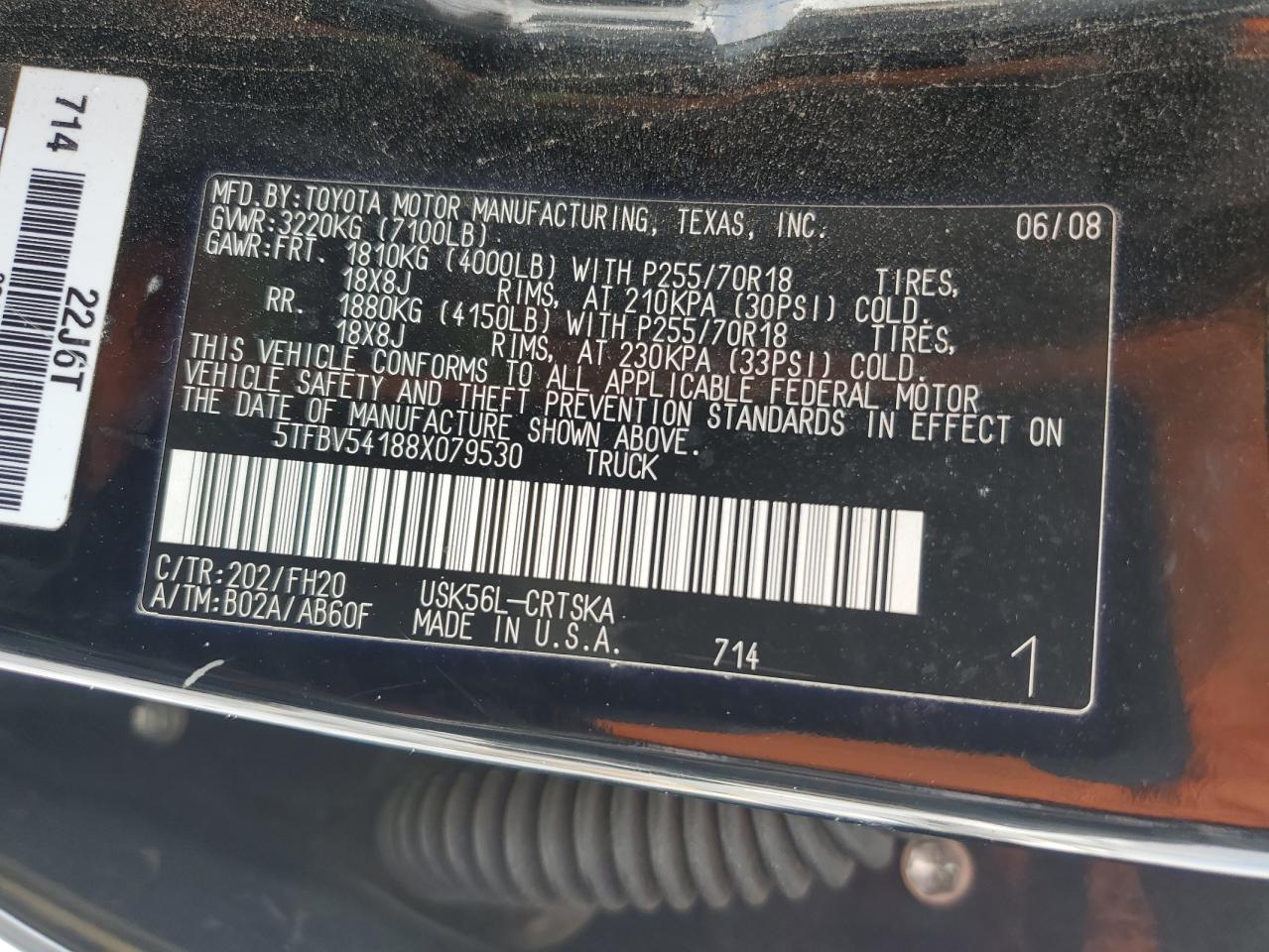 2008 Toyota Tundra VIN 5TFBV54188X079530 Copart auction photo, side / front end damage thumbnail 14