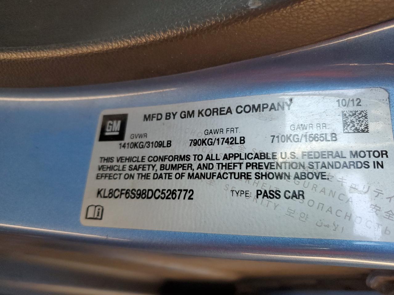2013 Chevrolet Spark VIN KL8CF6S98DC526772 Copart auction photo, normal wear damage thumbnail 12