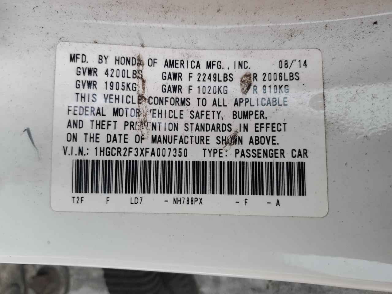 2015 Honda Accord VIN 1HGCR2F3XFA007350 Copart auction photo, front end / side damage thumbnail 13