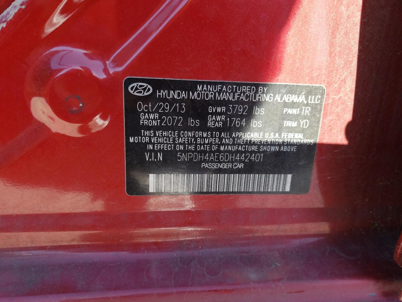 2013 Hyundai Elantra VIN 5NPDH4AE6DH442401 Copart auction photo, front end / rear end damage thumbnail 13