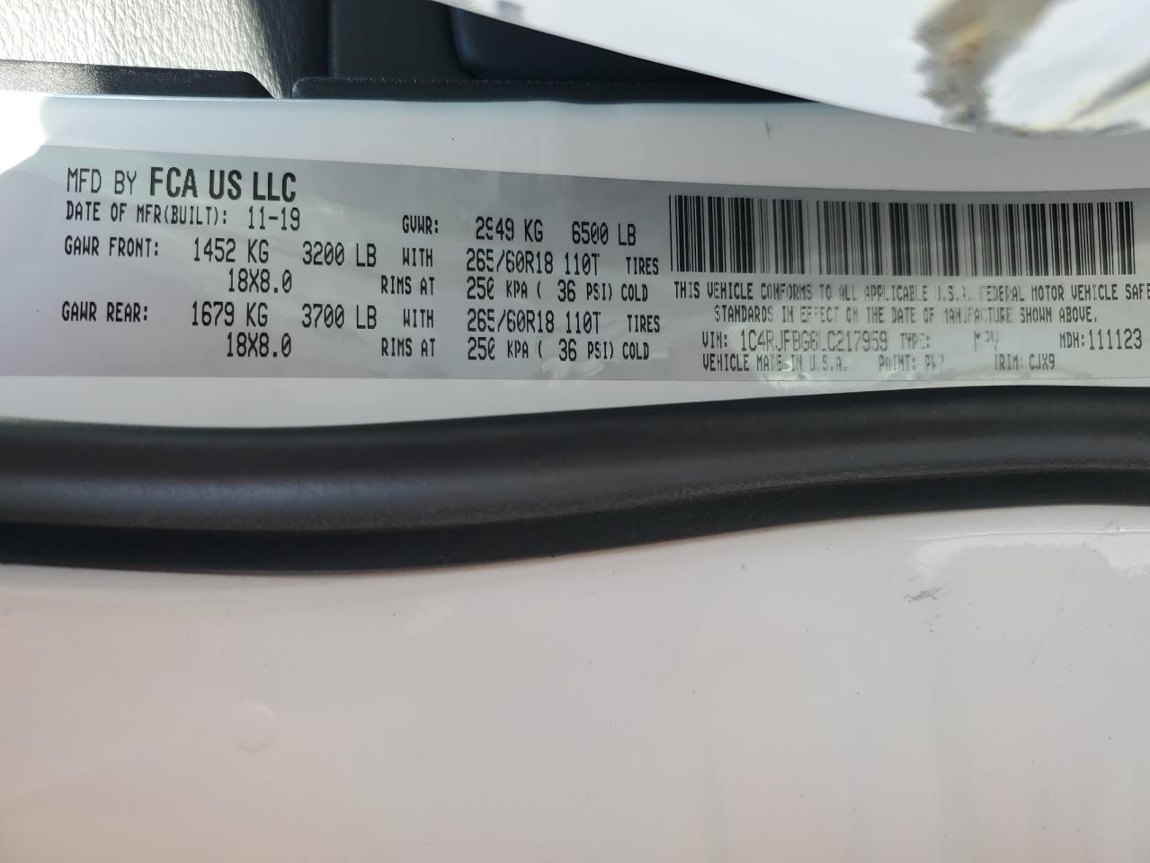 2020 Jeep Grand Cherokee VIN 1C4RJFBG6LC217959 Copart auction photo, front end / side damage thumbnail 15