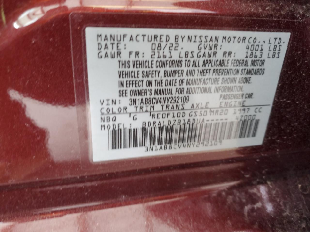 2022 Nissan Sentra VIN 3N1AB8CV4NY292109 Copart auction photo, front end / side damage thumbnail 12