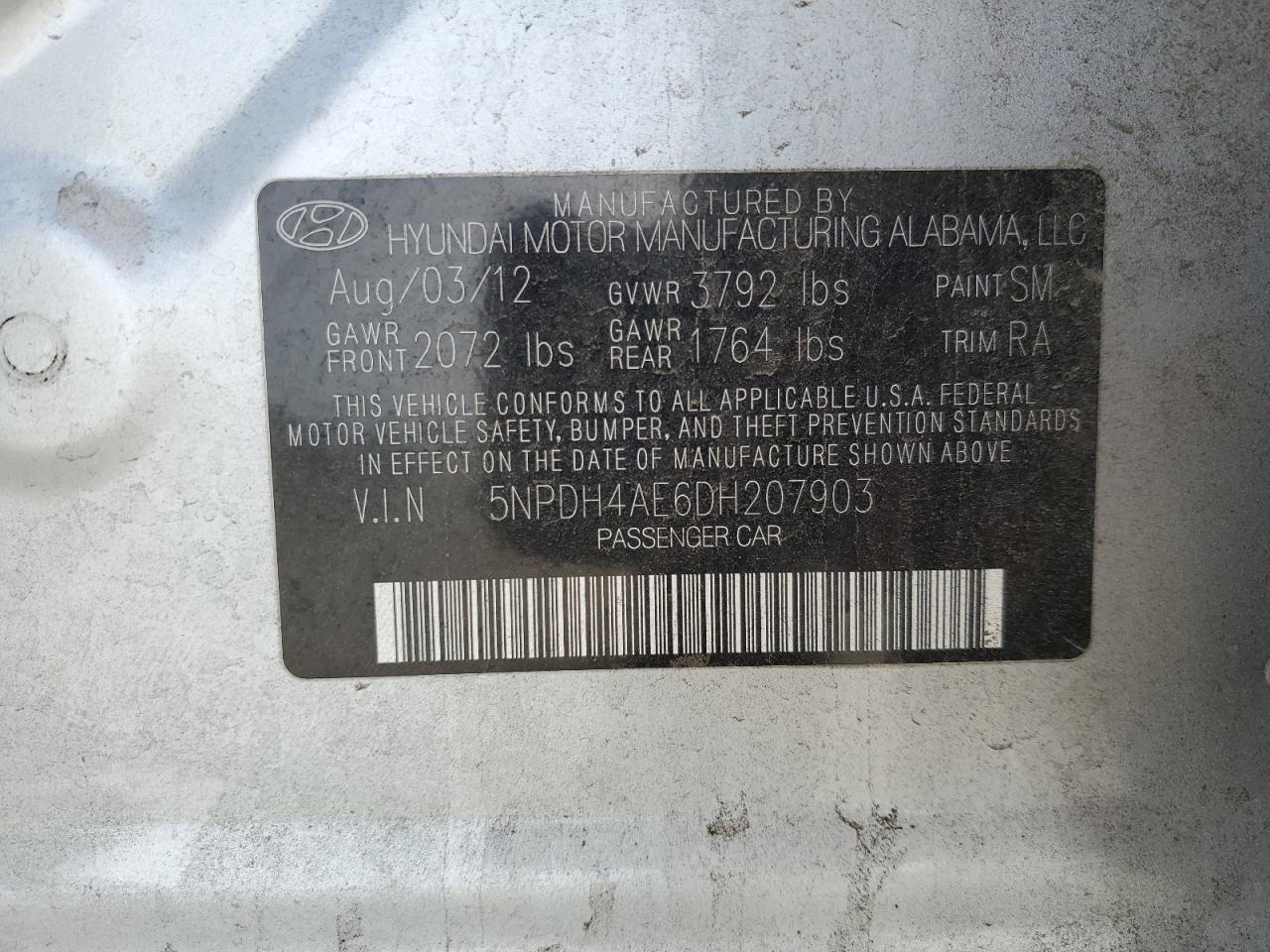 2013 Hyundai Elantra VIN 5NPDH4AE6DH207903 Copart auction photo, front end damage thumbnail 13