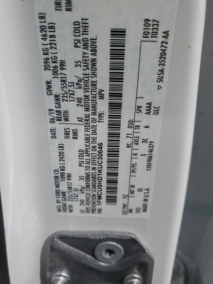 2019 Ford Escape VIN 1FMCU0HD1KUC30646 Copart auction photo, front end damage thumbnail 15