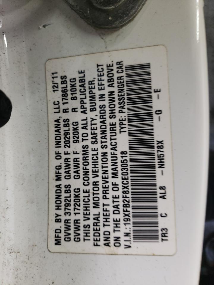 2012 Honda Civic VIN 19XFB2F8XCE030518 Copart auction photo, all over damage thumbnail 12