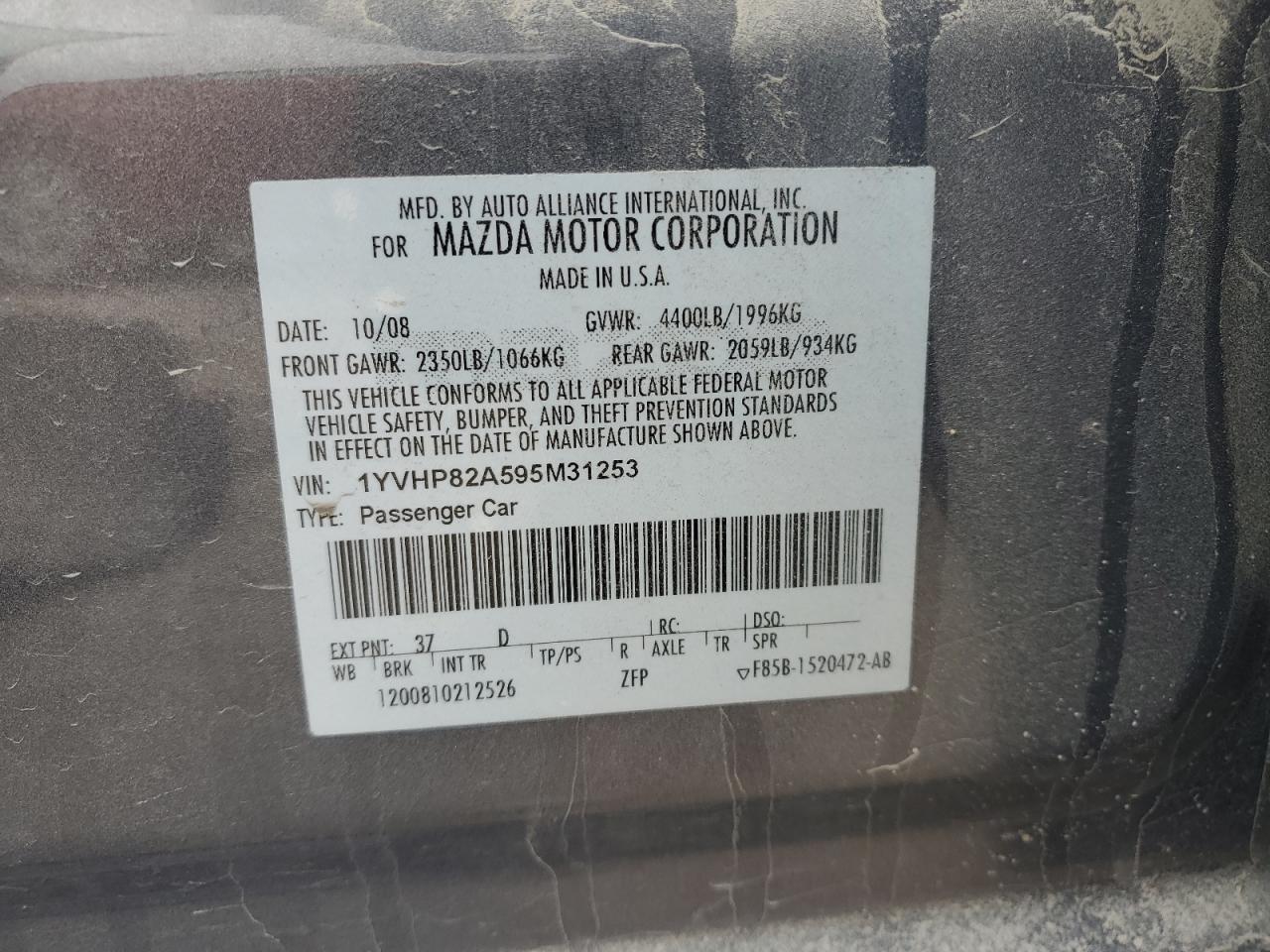 2009 Mazda 6 VIN 1YVHP82A595M31253 Copart auction photo, front end damage thumbnail 14