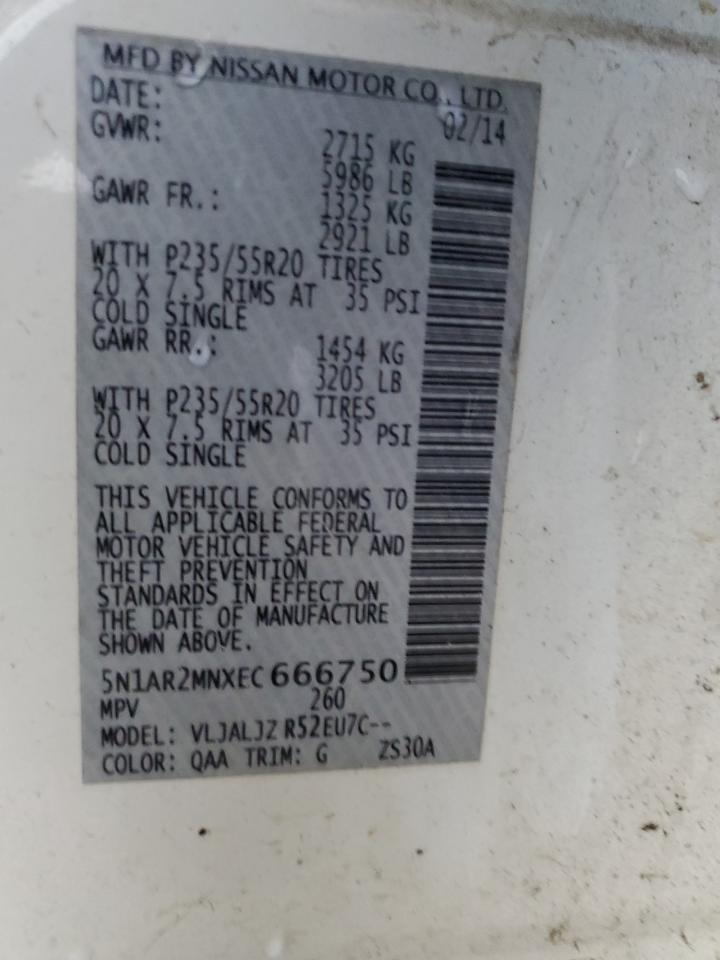 2014 Nissan Pathfinder VIN 5N1AR2MNXEC666750 Copart auction photo, front end / rear end damage thumbnail 14