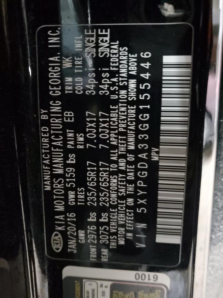 2016 KIA Sorento VIN 5XYPGDA33GG155446 Copart auction photo, rear end damage thumbnail 15
