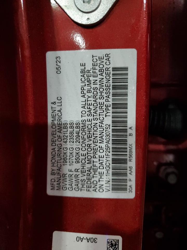 2023 Honda Accord VIN 1HGCY1F25PA030752 Copart auction photo, rear end damage thumbnail 14