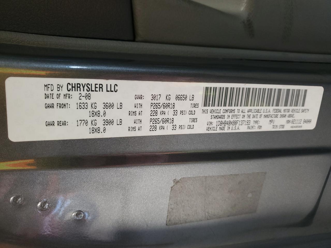 2008 Dodge Durango VIN 1D8HB48N98F137193 Copart auction photo, side / rear end damage thumbnail 13