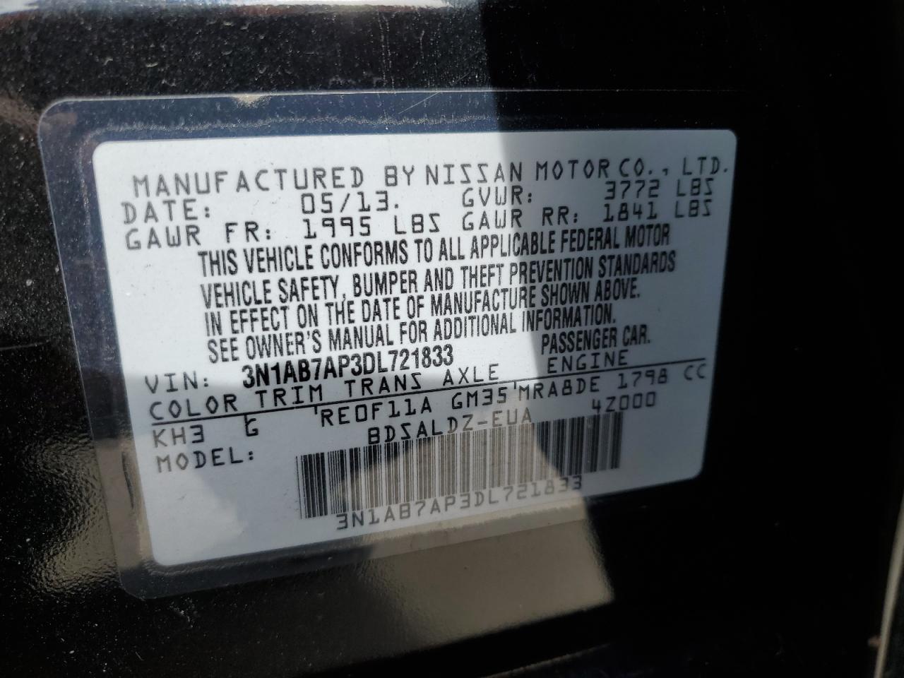 2013 Nissan Sentra VIN 3N1AB7AP3DL721833 Copart auction photo, rear end / minor dent/scratches damage thumbnail 13