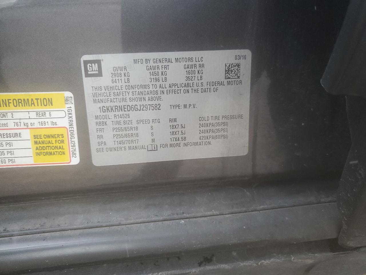2016 GMC Acadia VIN 1GKKRNED6GJ297582 Copart auction photo, front end / side damage thumbnail 15