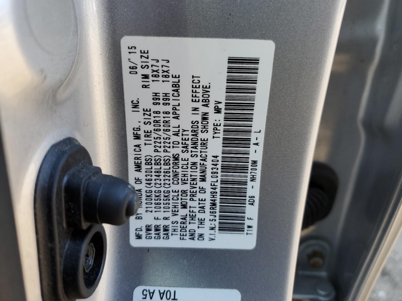 2015 Honda CR-V VIN 5J6RM4H94FL093404 Copart auction photo, front end / minor dent/scratches damage thumbnail 15