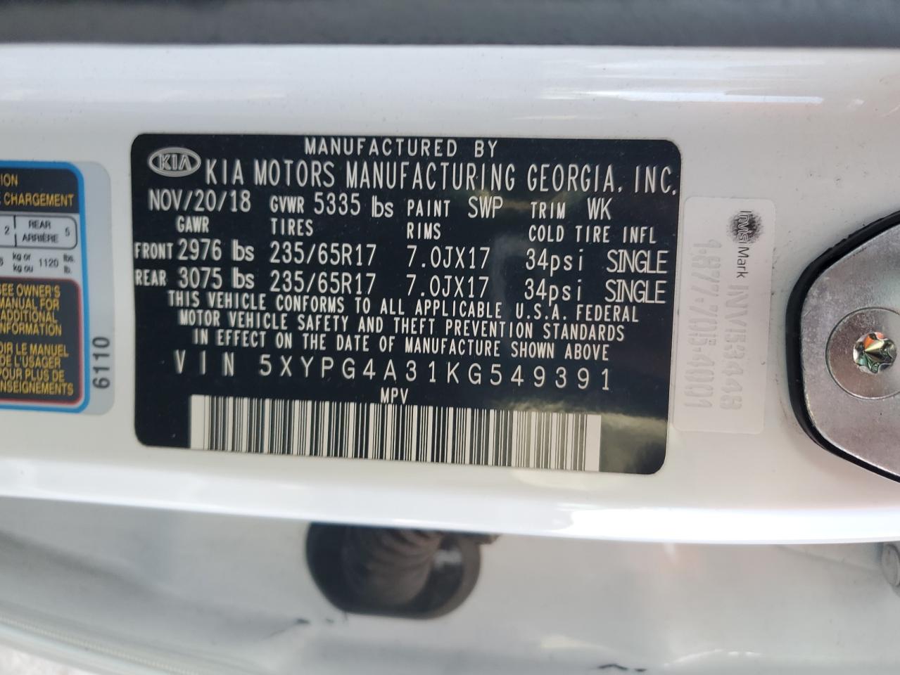 2019 KIA Sorento VIN 5XYPG4A31KG549391 Copart auction photo, side damage thumbnail 13