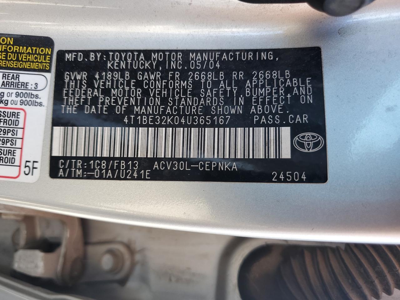 2004 Toyota Camry VIN 4T1BE32K04U365167 Copart auction photo, rear end damage thumbnail 14