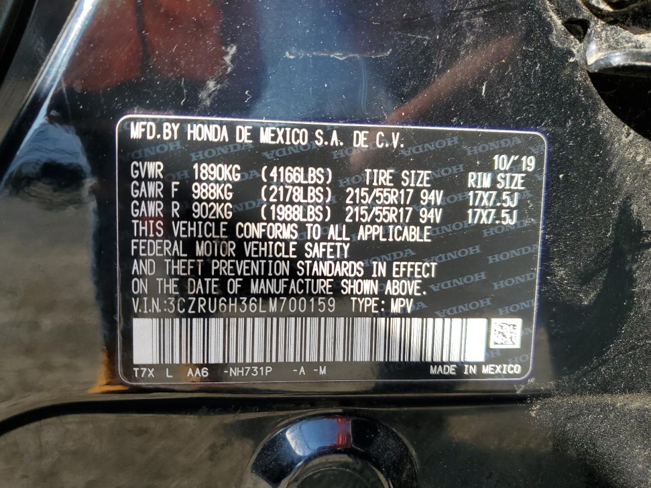 2020 Honda HR-V VIN 3CZRU6H36LM700159 Copart auction photo, front end / minor dent/scratches damage thumbnail 13