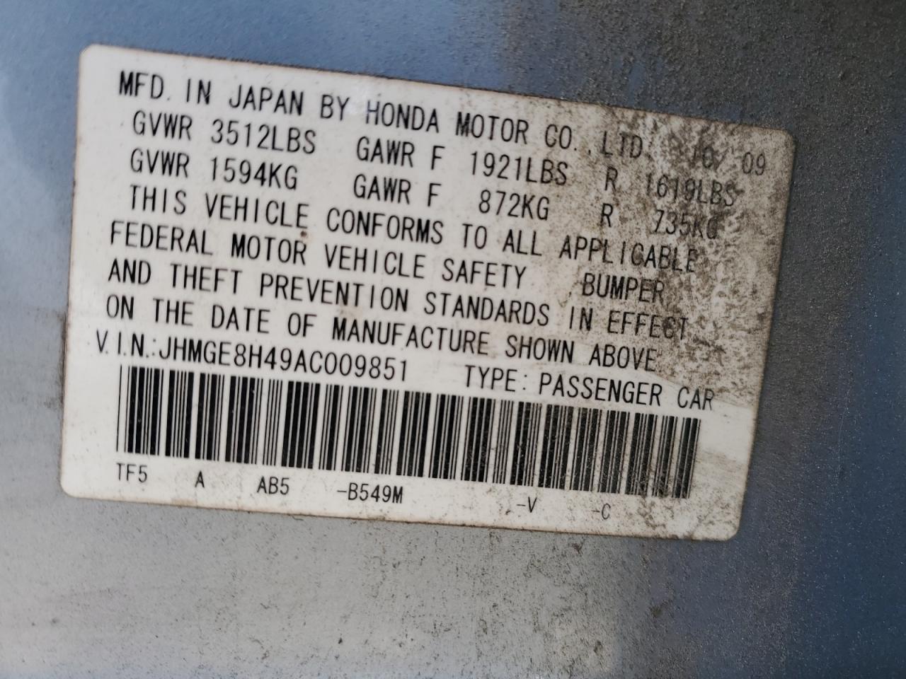 2010 Honda Fit VIN JHMGE8H49AC009851 Copart auction photo, front end damage thumbnail 12