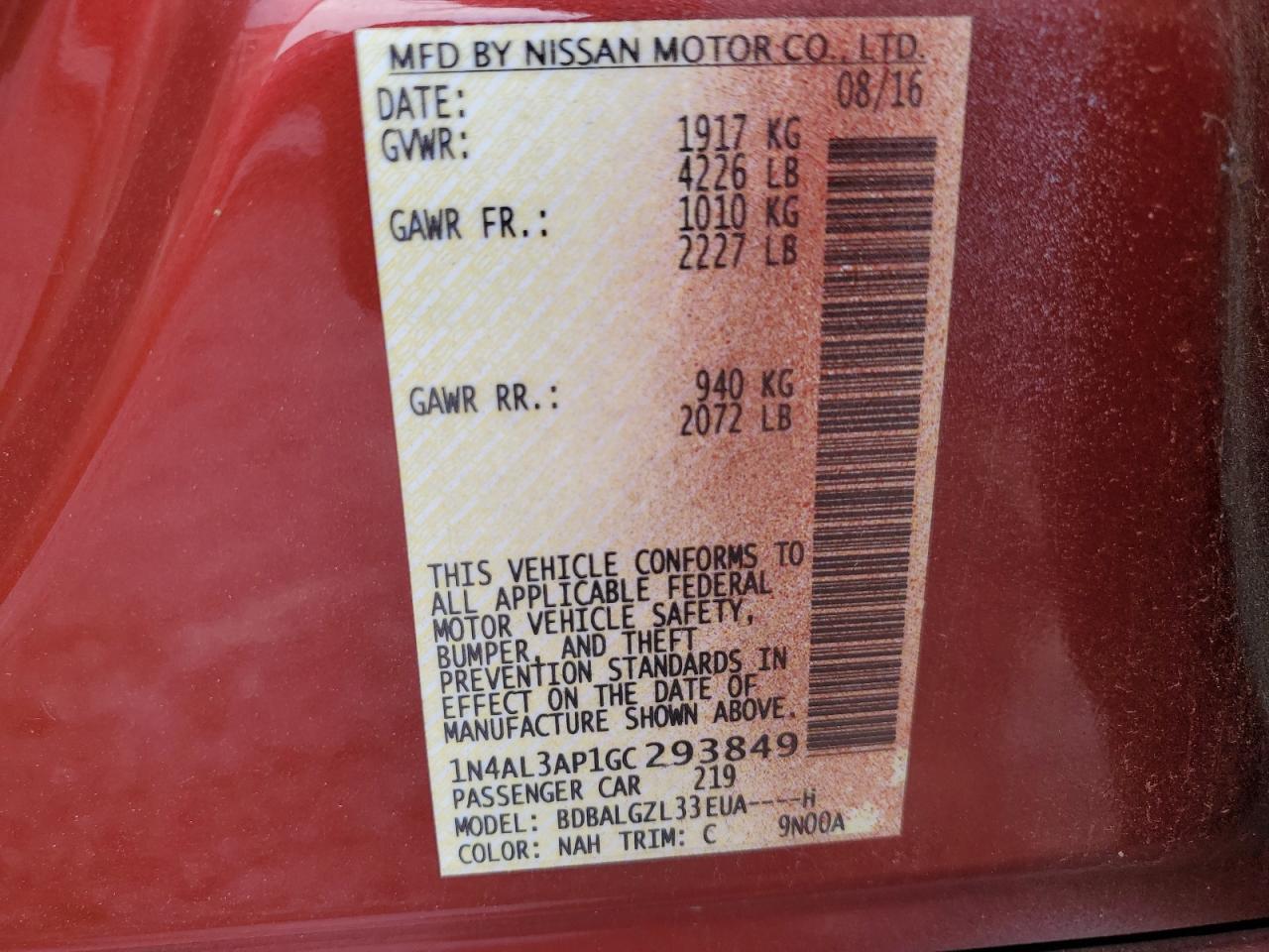 2016 Nissan Altima VIN 1N4AL3AP1GC293849 Copart auction photo, front end damage thumbnail 12