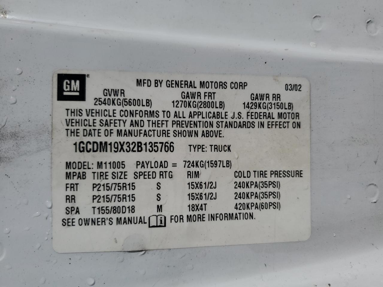 2002 Chevrolet Astro VIN 1GCDM19X32B135766 Copart auction photo, front end damage thumbnail 13