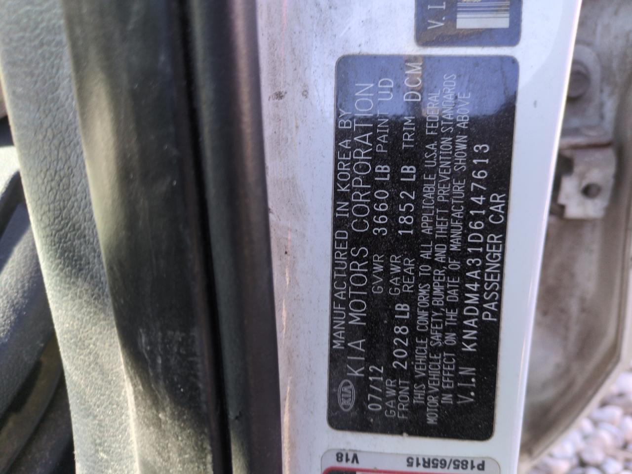 2013 KIA Rio VIN KNADM4A31D6147613 Copart auction photo, front end damage thumbnail 12