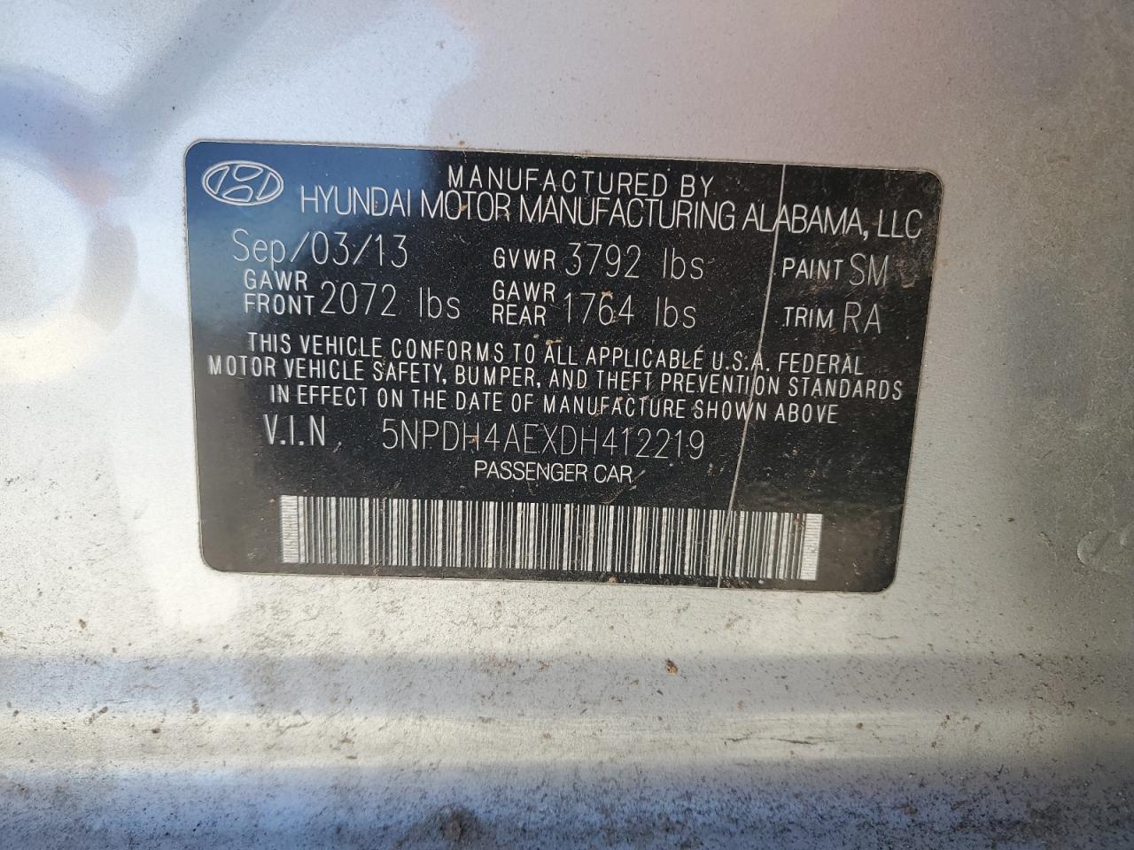 2013 Hyundai Elantra VIN 5NPDH4AEXDH412219 Copart auction photo, mechanical / minor dent/scratches damage thumbnail 12