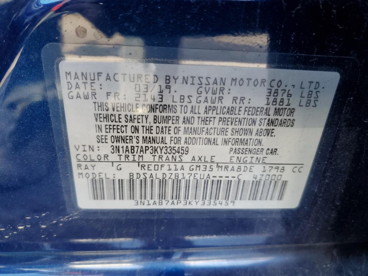 2019 Nissan Sentra VIN 3N1AB7AP3KY335459 Copart auction photo, all over damage thumbnail 14