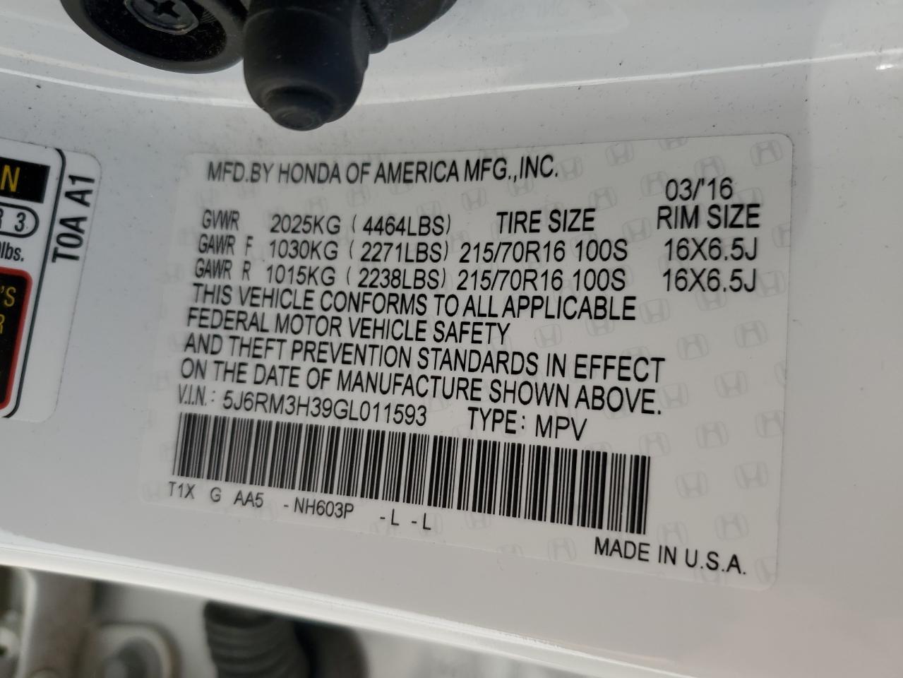 2016 Honda CR-V VIN 5J6RM3H39GL011593 Copart auction photo, rear end damage thumbnail 13