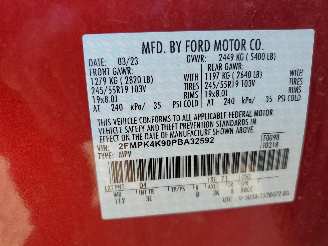 2023 Ford Edge VIN 2FMPK4K90PBA32592 Copart auction photo, front end / side damage thumbnail 14
