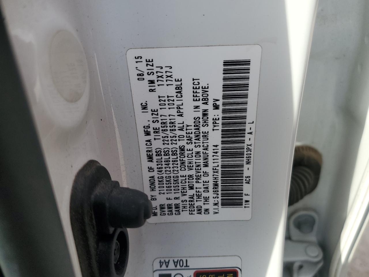 2015 Honda CR-V VIN 5J6RM4H7XFL117414 Copart auction photo, front end damage thumbnail 13