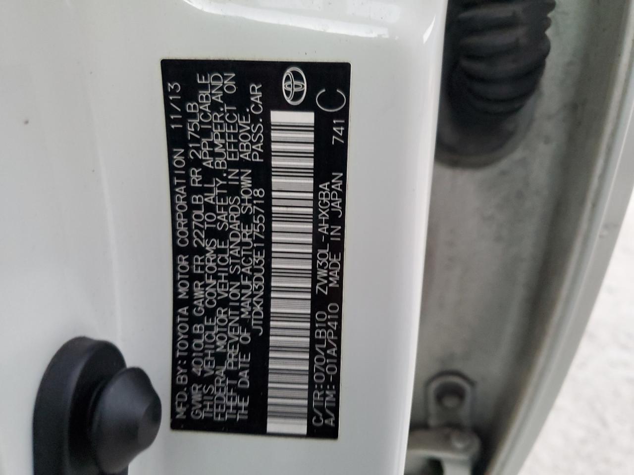 2014 Toyota Prius VIN JTDKN3DU3E1755718 Copart auction photo, front end / water/flood damage thumbnail 12