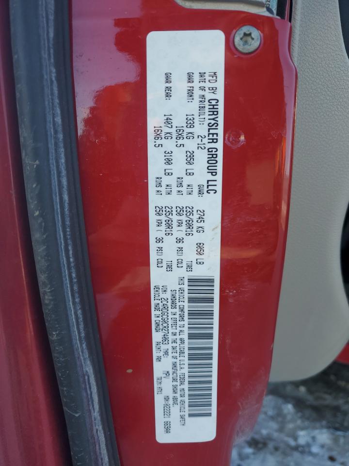 2012 Dodge Caravan VIN 2C4RDGCG0CR274063 Copart auction photo, all over / hail damage thumbnail 15