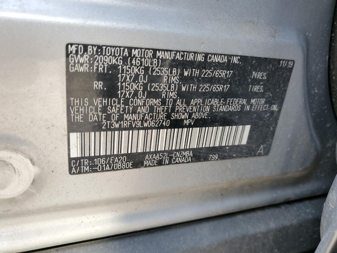 2020 Toyota RAV 4 VIN 2T3W1RFV9LW062740 Copart auction photo, front end / mechanical damage thumbnail 14